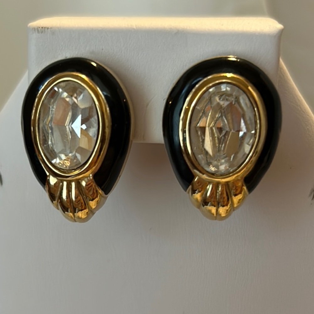 Vintage Gold Oval Earrings with Crystal Centers